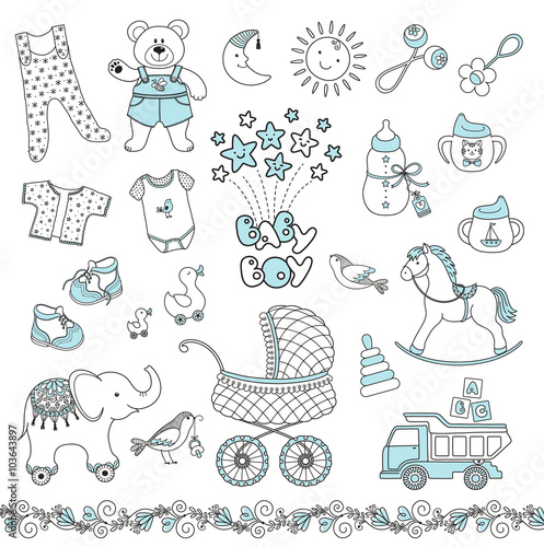 Set of fun baby boy things. Vector contour.
