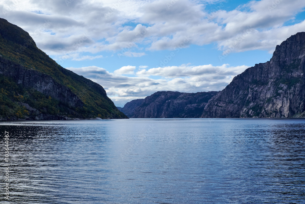 the entrance to Lysefjord, Norway, seen from a boat