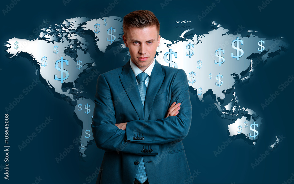 Business success strategy concept. Portrait of businessman on world map background Business success strategy concept. Portrait of businessman on world map background