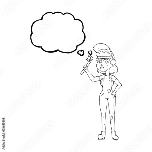 thought bubble cartoon capable woman with wrench