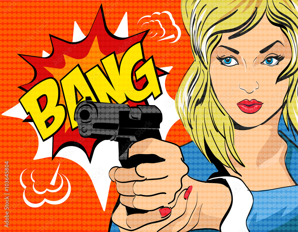 Pop art style vector illustration. Woman with gun. Stock Vector | Adobe