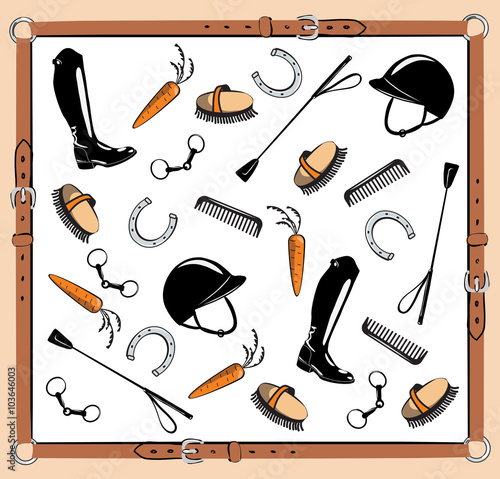 Horse riding tack in leather belt frame. Vector bit, whip, brush, horseshoe, riding boot, snaffle. Equine background.