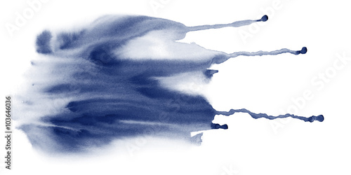 Indigo fluid watercolor stains texture with drib. Abstract hand painting background on white.