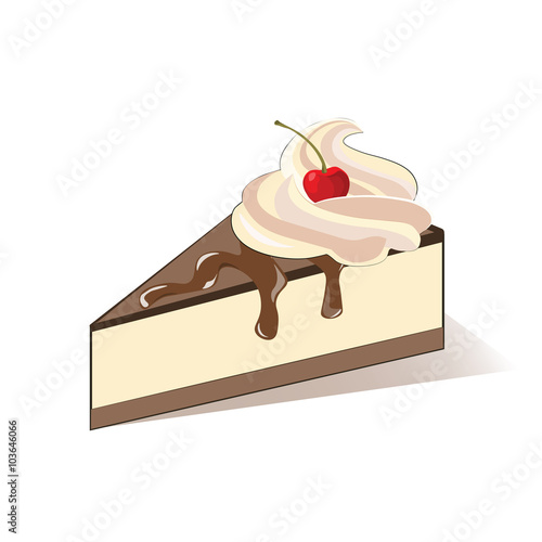 Cake slice with cream and cherry. Vector