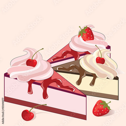 Cake slices with cherry and strawberry cream. Vector