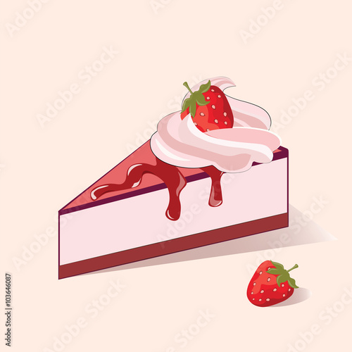 Cake slice with strawberry cream. Vector