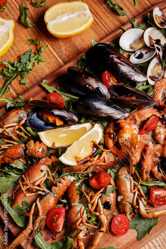 Fresh mussels, crayfish, shrimp. Seafood platter