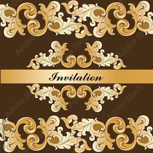 Royal imperial classic ornament damask invitation in gold and blue. Vector