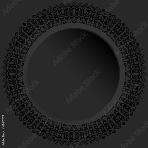 Nice vector round frame with dark floral elements and arabesques. Fine greeting card