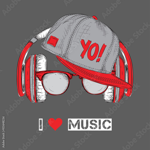 Set of hippie glasses, cap and headphones. Vector illustration
