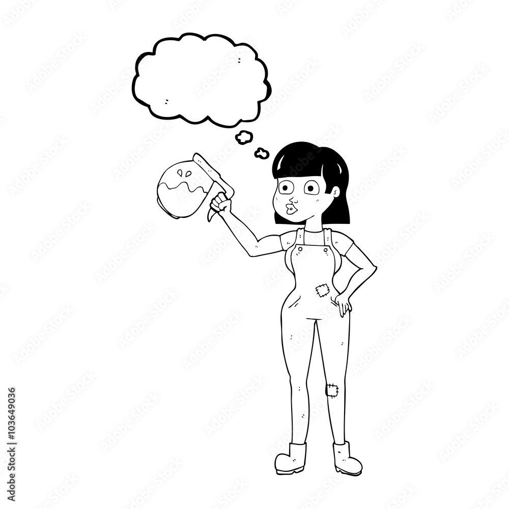 thought bubble cartoon woman in dungarees with coffee thought bubble cartoon woman in dungarees with coffee