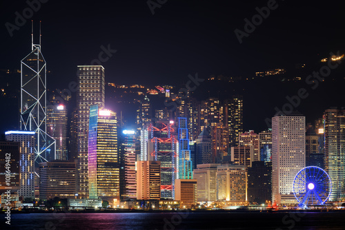 Night view of Hong Kong Island skyline. Skyscrapers in downtown