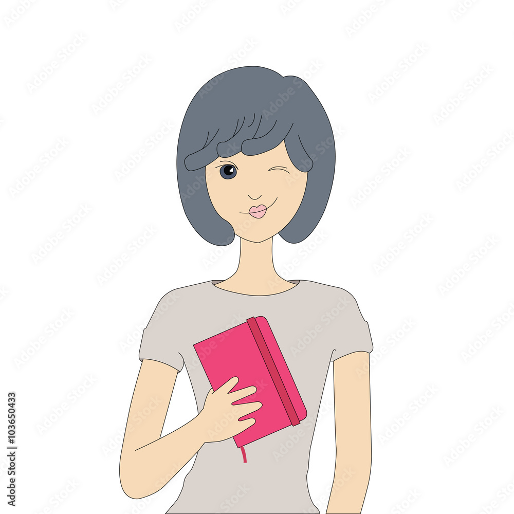Girl winking and holding moleskin in hand Girl winking and holding moleskin in hand