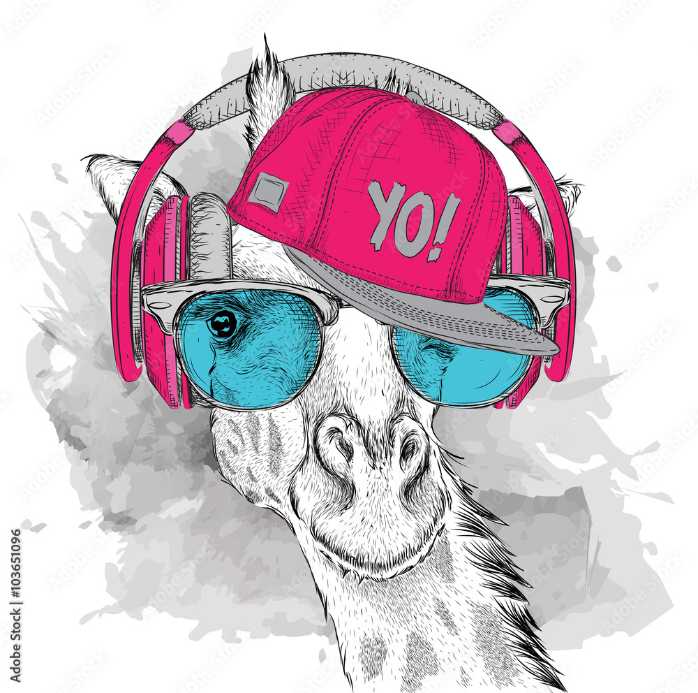 Obraz premium The image of the giraffe in the glasses, headphones and in hip-hop hat. Vector illustration.