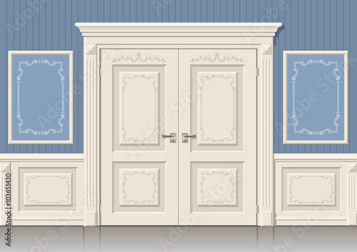 Classic wall panels and doors in the interior of the room, vector graphics