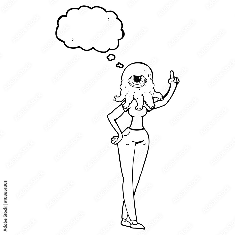 thought bubble cartoon female alien with raised hand thought bubble cartoon female alien with raised hand