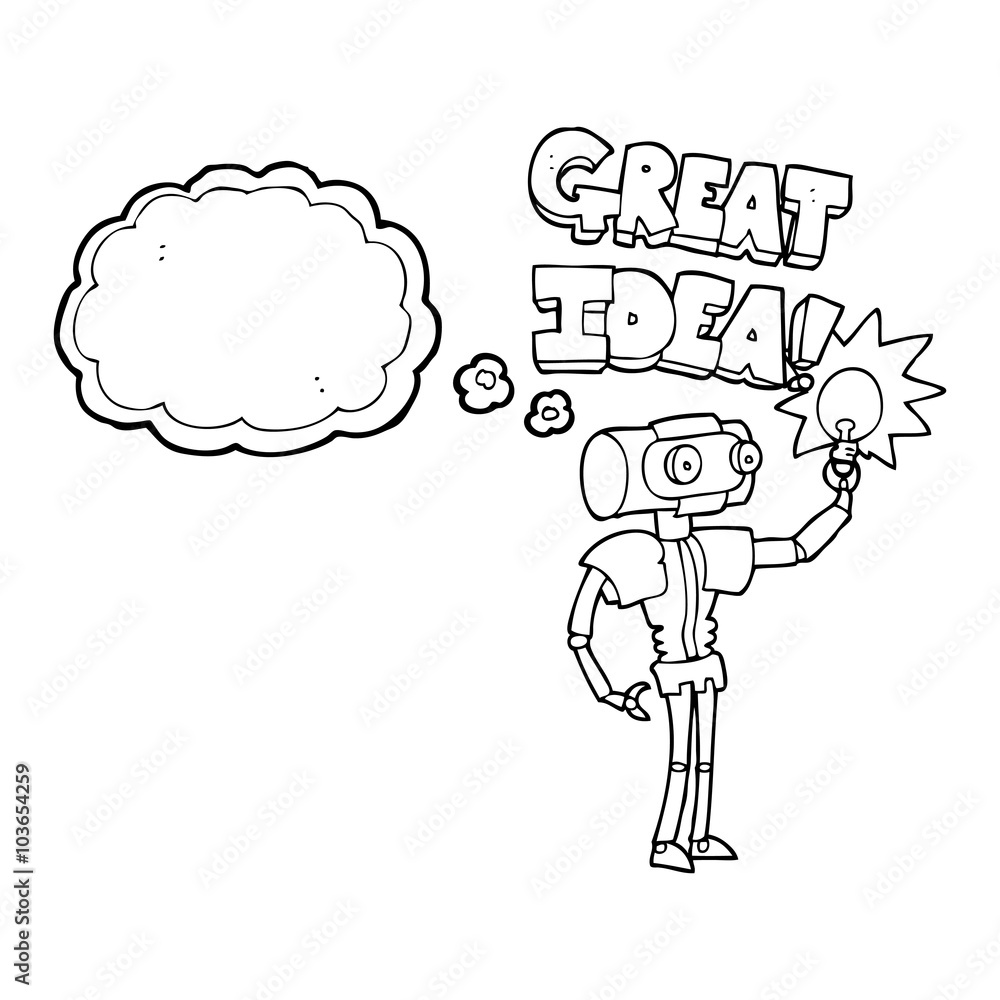 thought bubble cartoon robot with great idea thought bubble cartoon robot with great idea