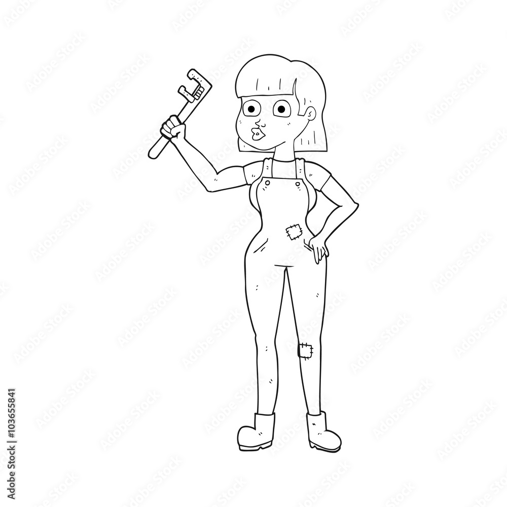 black and white cartoon female plumber