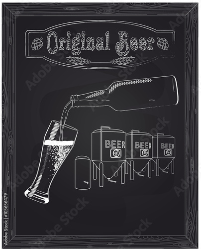 It poured into a glass of beer with bottle against the backgroun