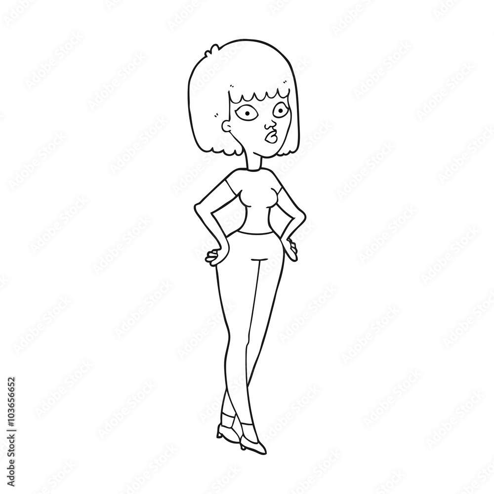 black and white cartoon woman with hands on hips black and white cartoon woman with hands on hips