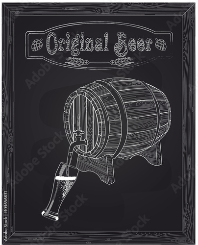 It poured into a glass of beer with barrel against the backgroun