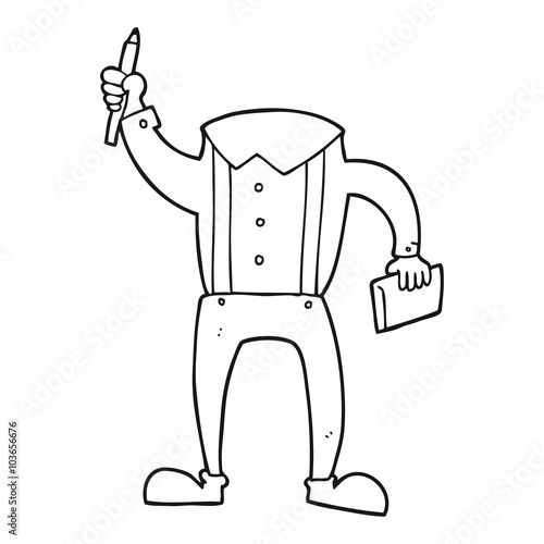 black and white cartoon headless body with notepad and pen (add