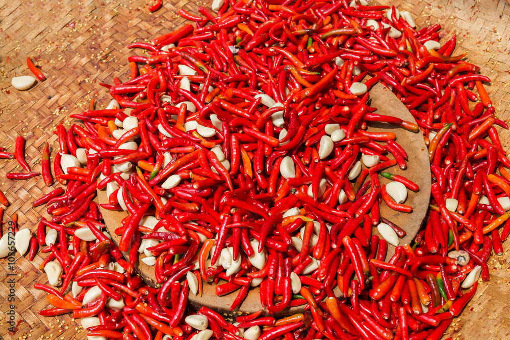 Fototapeta premium Red hot chili peppers with garlic for china sauce