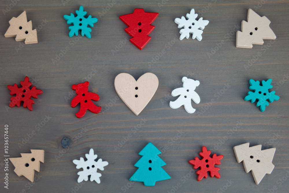 Two bears with hearts, trees and snowflakes on grey wooden background. Button bears love. Button love. Wooden buttons. Post card for the Valentine. Valentine's Day postcard. Two bears with hearts, trees and snowflakes on grey wooden background. Button bears love. Button love. Wooden buttons. Post card for the Valentine. Valentine's Day postcard.
