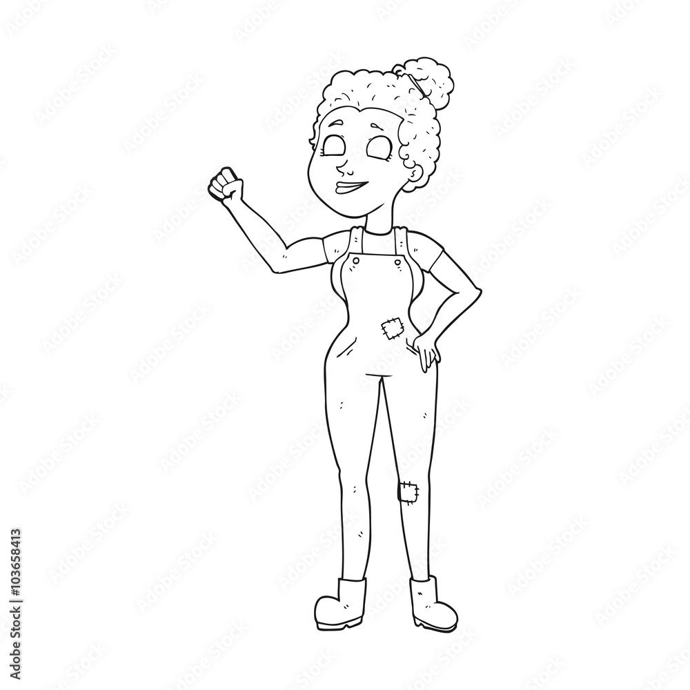 black and white cartoon woman in dungarees black and white cartoon woman in dungarees