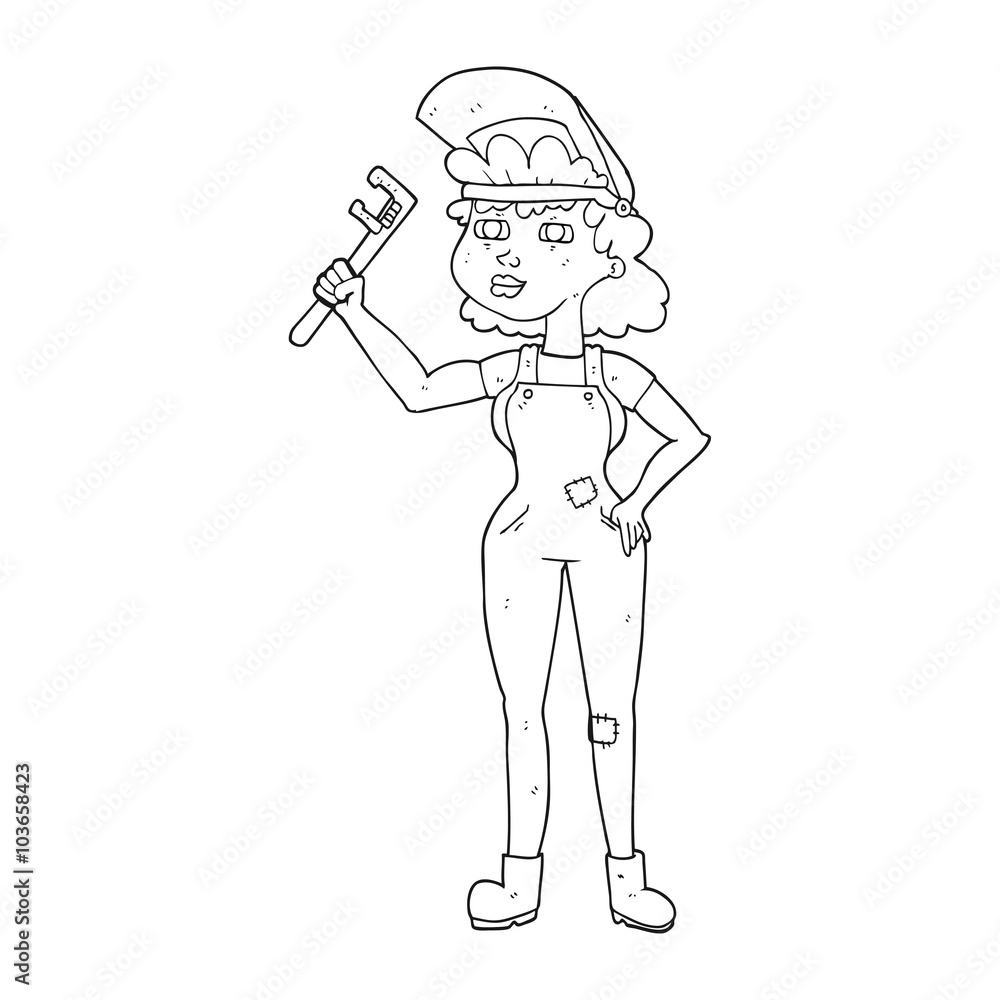 black and white cartoon capable woman with wrench black and white cartoon capable woman with wrench