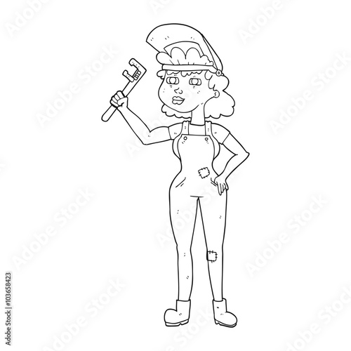 black and white cartoon capable woman with wrench