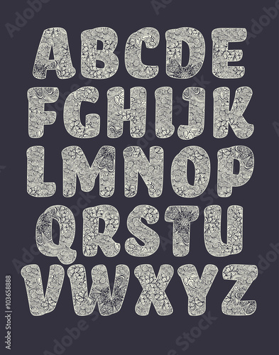 Vector alphabet, letters filled with pattern, white over black version