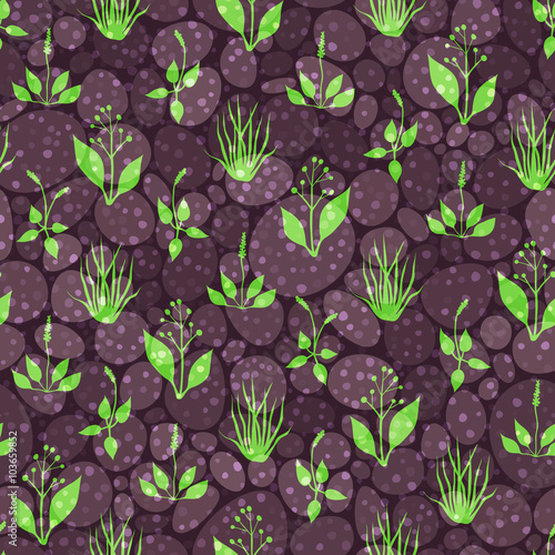 Seamless pattern with grass and stones