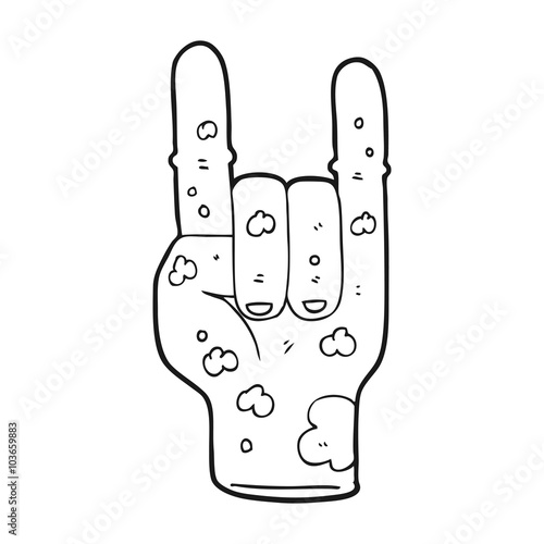 black and white cartoon zombie hand making horn sign