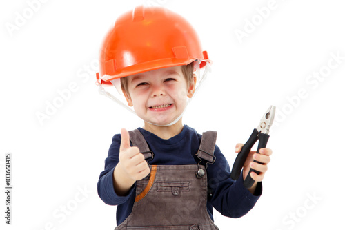 Little repairman in hardhat with pliers show thumb up on white