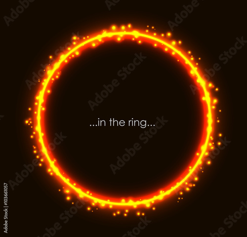 Fiery light round frame with spark. Flaming sparkling glow background. Burning ring orange and yellow golden color. Vibrant circle vector illustration