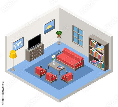 Vector interior of the isometric room with furniture