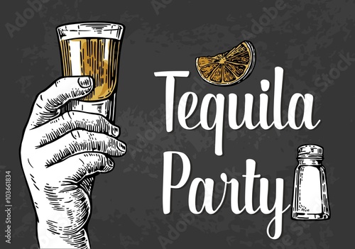 Male hand holding a shot of alcohol drink. Vintage vector engraving illustration for label, poster, invitation to a party. Tequila party