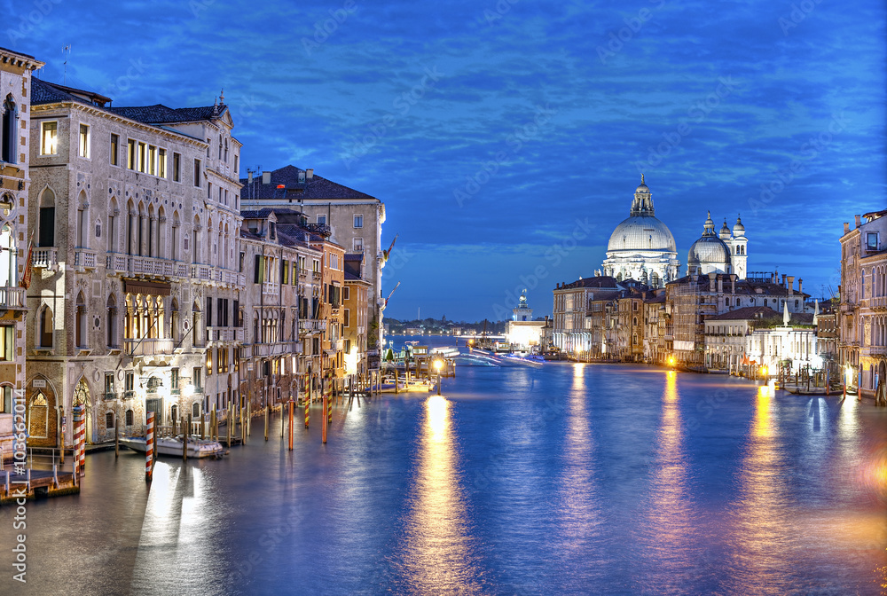 Grand Canal and Basilica Santa Maria della Salute at evening after sunset, Venice (Venezia), Italy, Europe
