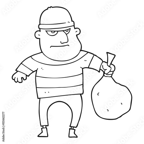 black and white cartoon burglar with loot bag