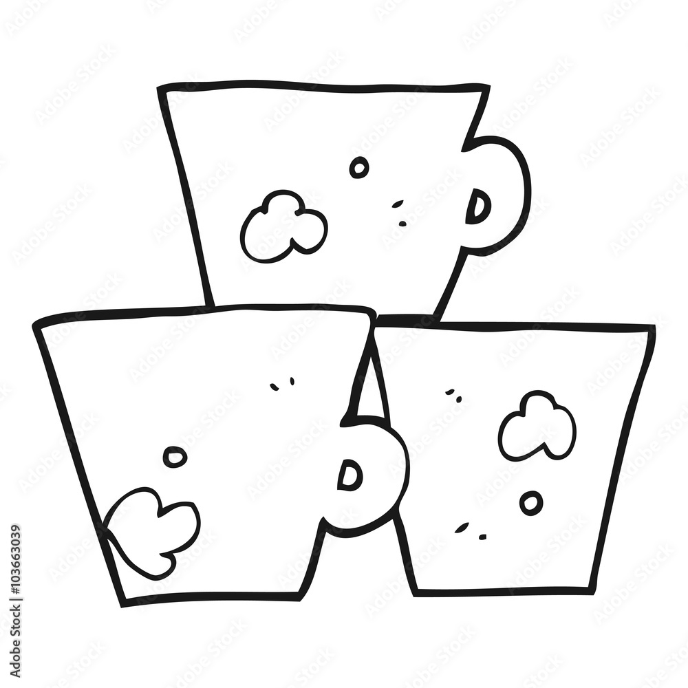 black and white cartoon stack of coffee cups