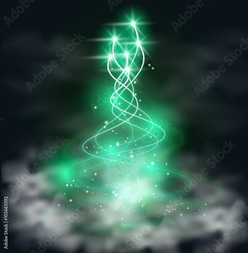 Turquoise green mysterious marshlight or swirl flying star with trail in fog or smoke on black background. Vector magic fantasy haze, steam, mist on swamp background.