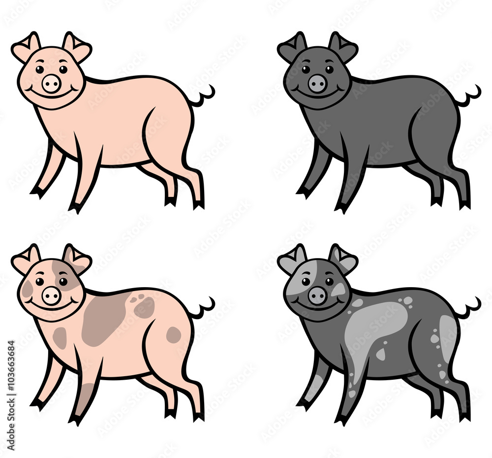 Pink, black and spotted pigs set