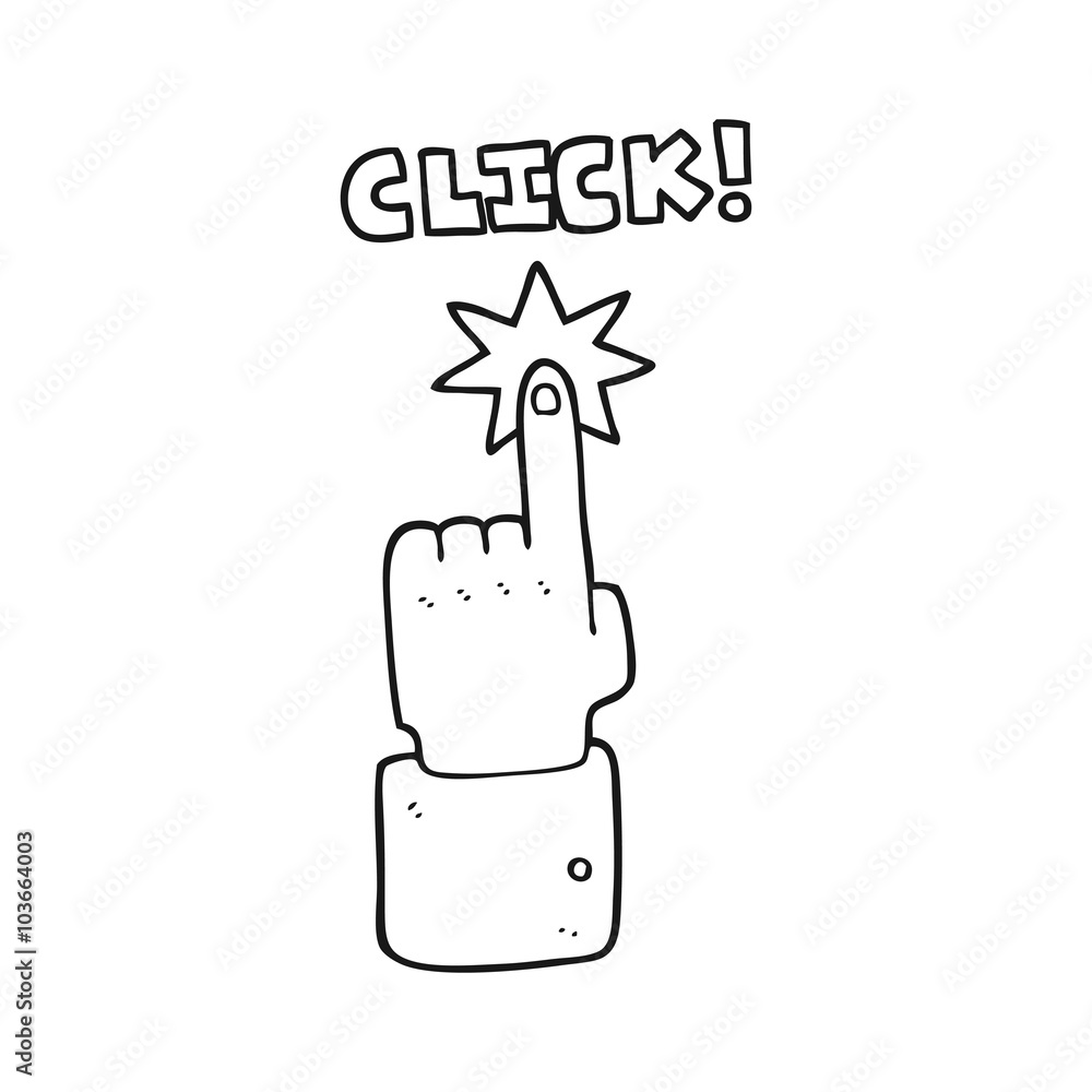black and white cartoon click sign with finger