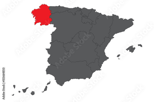 Galicia red map on gray Spain map vector