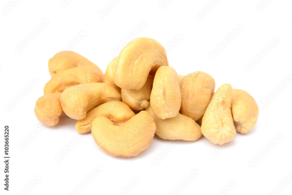 Tasty salted cashew nuts on a white background Tasty salted cashew nuts on a white background