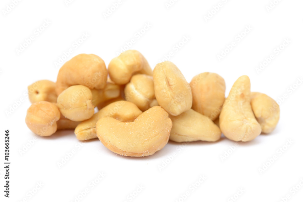 Tasty salted cashew nuts on a white background Tasty salted cashew nuts on a white background