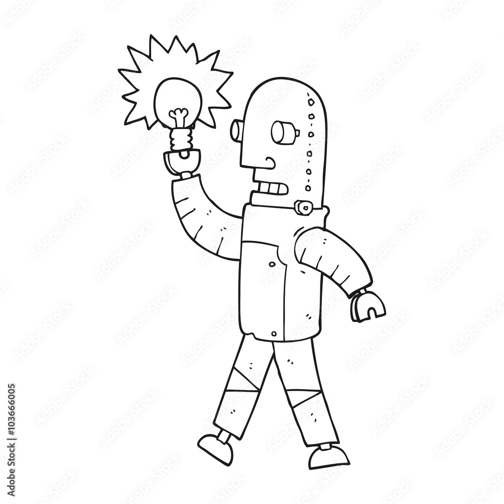 black and white cartoon robot with light bulb black and white cartoon robot with light bulb