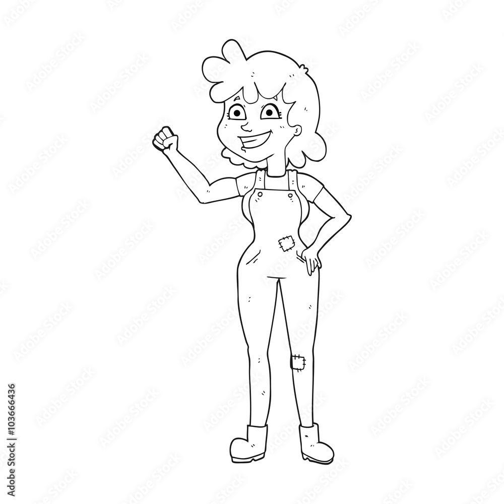 black and white cartoon determined woman clenching fist