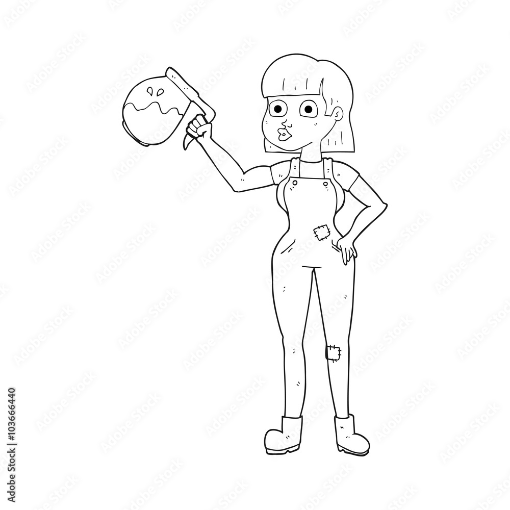 black and white cartoon woman in dungarees with coffee black and white cartoon woman in dungarees with coffee